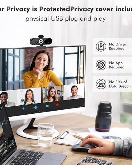 Gohero Full HD 1080P Video Webcam, Noise Cancellation, Privacy Cover, Wide-Angle Lens, Auto Light Correction, Plug & Play USB Webcam for Laptop, Desktop, PC, Mac, Zoom, Skype Pro Series