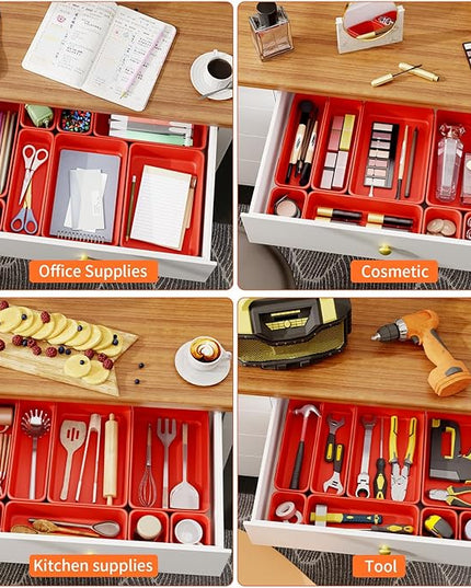 45 Pack Desk Drawer Organizer Tray, 3 Sizes Plastic Drawers Organizer Storage for Kitchen, Bathroom, Office, Vanity, Makeup, Utensils, Junk Drawer Organizer Bins, Gadget Trays for Organizing, Red