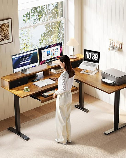 OffiGo 59 Inch L Shaped Electric Standing Desk with Drawers, Height Adjustable Corner Computer Desk with Keyboard Tray & Monitor Stand, Stand Up Table for Home Office Workstation, Rustic Brown
