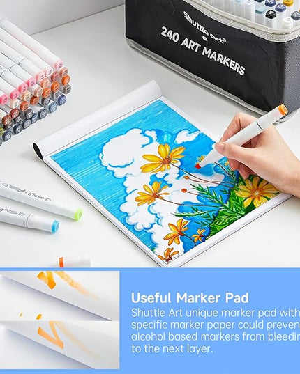 Shuttle Art 240 Colors Alcohol Markers, 239 Colors Dual Tip Art Marker Set Plus Colorless Blender, Micro-tip Pens, White Highlighter Pens, Marker Bag with Holders Perfect for Students Adults Coloring