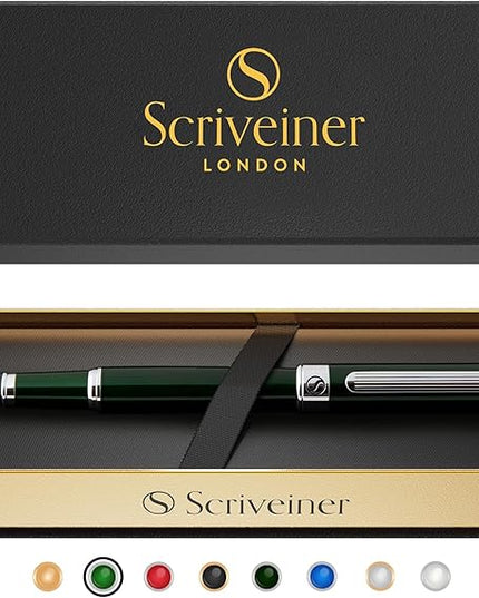 Scriveiner British Racing Green Fountain Pen - Stunning Luxury Pen with Chrome Finish, Schmidt Nib (Fine), Best Pen Gift Set for Men & Women, Professional, Executive, Office, Nice Pens