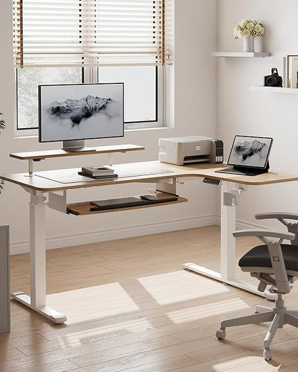EUREKA ERGONOMIC Standing Desk Adjustable Height 61" Electric Sit Stand Computer Desk L Shaped with Keyboard Tray,Monitor Stand &LED, Dual Motor Memory Presets Sit to Desk Adjustable Desk, Right/Maple
