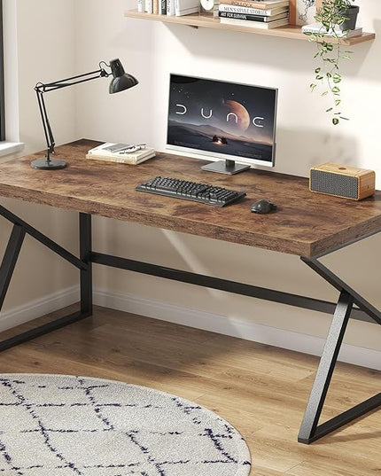 HSH Rustic Computer Desk, Large Executive Writing Study Work Desk for Home Office, Industrial Metal Wooden PC Laptop Long Desk Workstation, Modern Bedroom Living Room Table, Rustic Brown, 60 Inch