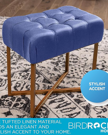 BIRDROCK HOME Rectangular Tufted Foot Stool Ottoman with Soft Padded Cushion - Versatile Vanity Chair for Bedroom, Living Room, Bathroom - Compact Seating for Adults - Blue with Pale Gold Metal Legs