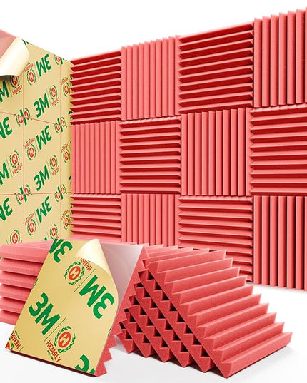 12 Pack Sound Proof Foam Panels for Walls,Self-Adhesive Foam Acoustic Panels Sound Absorbing,High Density Quick-Recovery Soundproof Wall Panels 12" X 12" X 1"-Red