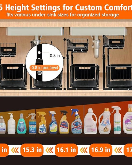 Under Sink Organizer, Multi-Purpose Sliding Cabinet Storage 2 Tier Sink Organizer, Adjustable Kitchen Organizers and Storage, Easy Install & Clean, Black