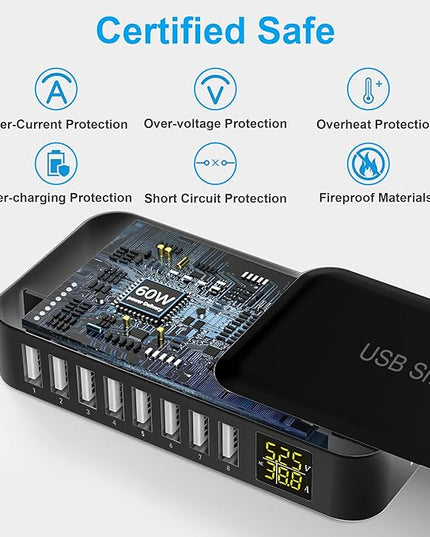 USB Charging Station, Ziwodiv 8-Port 60W/12A USB Charger Station, Multi Ports USB-A Charging Hub with LED Display, Compact Desktop Charger for Multiple Devices, iPhone iPad Samsung Android and Tablet