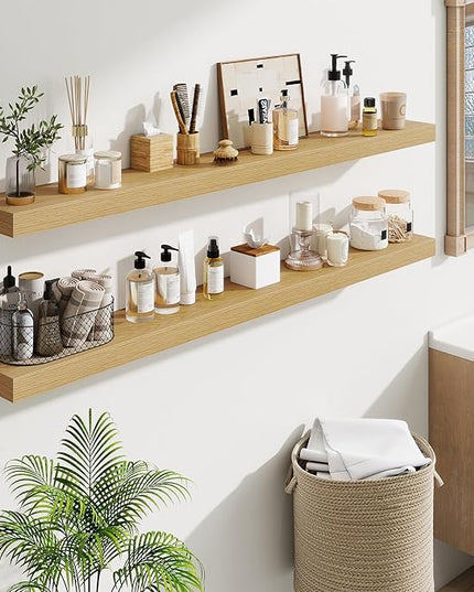 Fun Memories 55 Inch Floating Shelves Bedroom, Large Extra Floating Shelf Set of 2 with Invisible Brackets, Oak