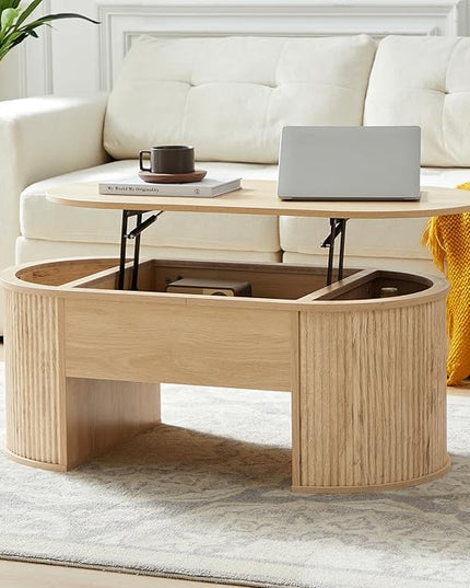 QHITTY Fluted Coffee Table with Lifting Top, Oval Wood Lift Top Coffee Table with Hidden Compartment, Mid Century Pull up Center Tables for Living Room, Office - Natural