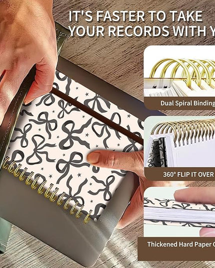 Spiral Journal Notebook, A5 Cute Notebooks for Women Men, College Ruled Hardcover Notebook for Work & Note Taking, 60 Pages Double-Wire Journals for Writing (Beige Grey Bow)