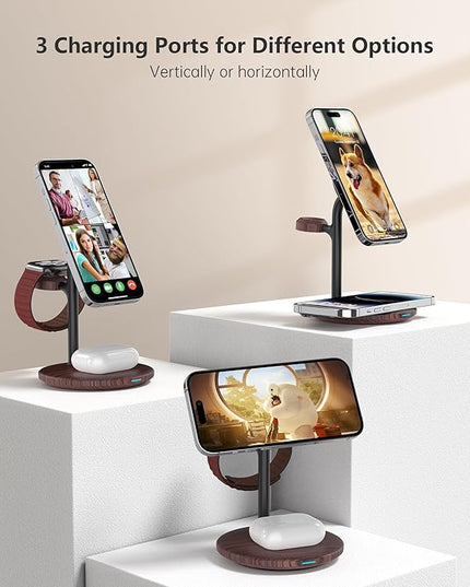 XooFly 3 in 1 Wireless Charging Station for Apple Devices, Fast Wireless Mag-Safe Charger Stand with 20W Adapter for iPhone 17/16 15 14 13 12 Pro Max/Pro/Plus/Air/Mini,iWatch,AirPods,Brown Wood Grain