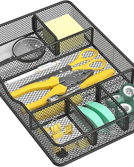 Desk Drawer Organizer Tray, Metal Mesh Drawer Organizer for Office & Home, 6 Adjustable Compartments, Black, 2 Pack - 12.87x8.73x1.96 inch