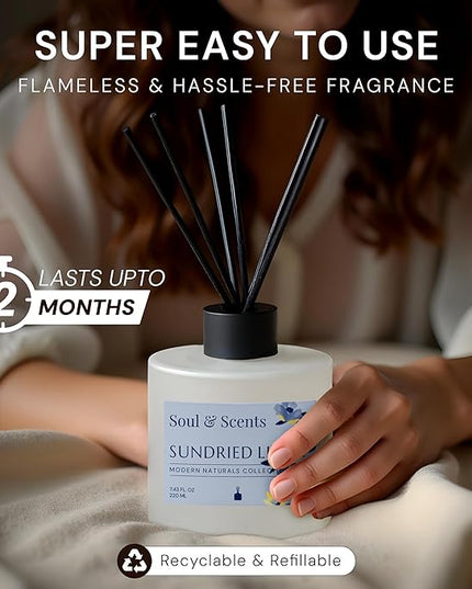 Soul & Scents Reed Diffuser Set – Sundried Linen | 7.43 oz Refillable Scented Oil with 6 Fiber Sticks | Long-Lasting Home Fragrance & Air Freshener for Bedroom, Bathroom, Office | Gift & Décor Piece