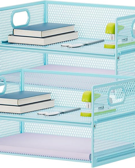 Marbrasse 2 Tier Paper Organizer Letter Tray, Mesh File Organizer with Handle, Paper Sorter Desk Organizer for Home Office Supplies - 2P Blue