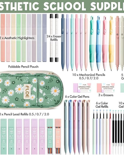 65PCS Aesthetic School Supplies with Cute Pencil Case, Pastel Highlighters Gel Pens Mechanical Pencils Set 0.5 0.7 & 2.0mm, Office Back to School Supplies College Essentials Kit Student Stationary Set