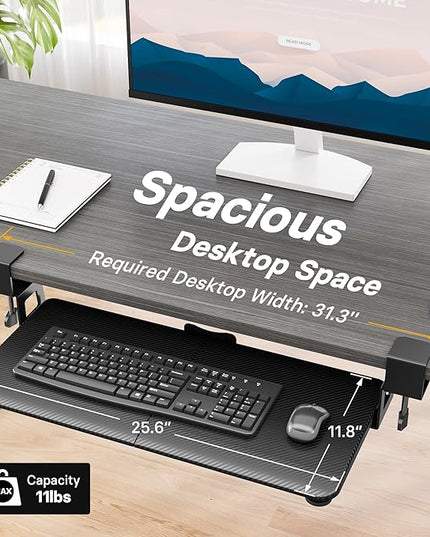 BONTEC KMT01 Under Desk Keyboard Tray, Pull-Out Keyboard & Mouse Platform with C-Clamp, 25.6 x 11.8 in Space-Saving Ergonomic Slide-Out Drawer, Black Carbon Fiber