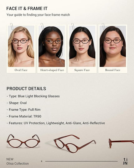 TIJN Olisa Blue Light Blocking Glasses for Women Men,Oval Glasses Frame Bluelight Glasses for Gaming/Computer/Screen