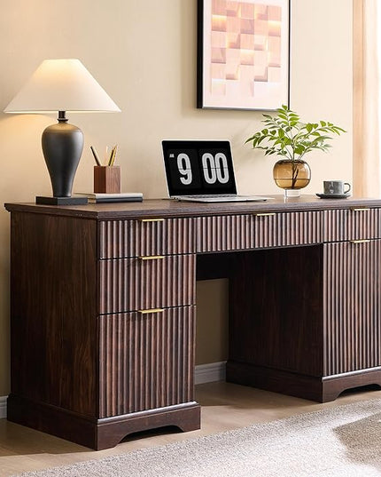 JXQTLINGMU 58" Modern Executive Desk with Storage, Wood Home Office Desk with 5 Drawers & 1 Cabinet, Fluted Computer Writing Desk for Study, Living Room, Bedroom, Dark Walnut