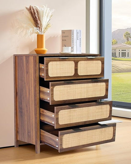 LEVNARY 4 Drawer Dresser Set of 2, Rattan Dressers Storage Cane Cabinet, Wooden Chest of Drawers Dresser for Bedroom, Entryway, Living Room (2, Walnut)