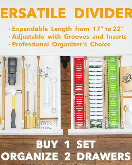 SpaceAid Bamboo Drawer Dividers with Inserts and Labels, Kitchen Adjustable Drawer Organizers, Expandable Organization for Home, Office, Dressers and Bathroom, 6 Dividers with 12 Inserts (17-22 in)