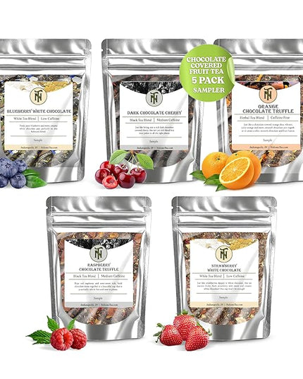 Nelson's Tea Chocolate Covered Fruit Sampler Pack Tea - Blueberry White Choc, Dark Chocolate Cherry, Orange Truffle Choc, Raspberry Truffle Choc., Strawberry White Choc.- Sample Sizes