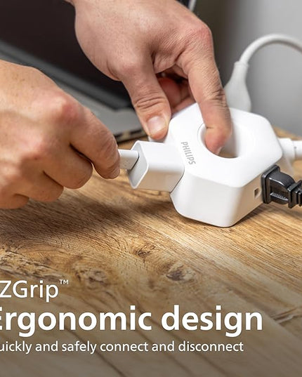 Philips EZGrip Indoor Extension Cord with Multiple Outlets, 3 Prong Grounded Cord, Short Extension Cord, Ergonomic Design, 16AWG, 4ft Braided Cord, ETL Listed, White, SPS3574W/37