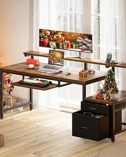 AODK Computer Desk with Drawers and Keyboard Tray, 63" Office Desk with Power Outlet, Reversible Study Work Desk with Printer Shelf and PC Stand for Home Office, Vintage