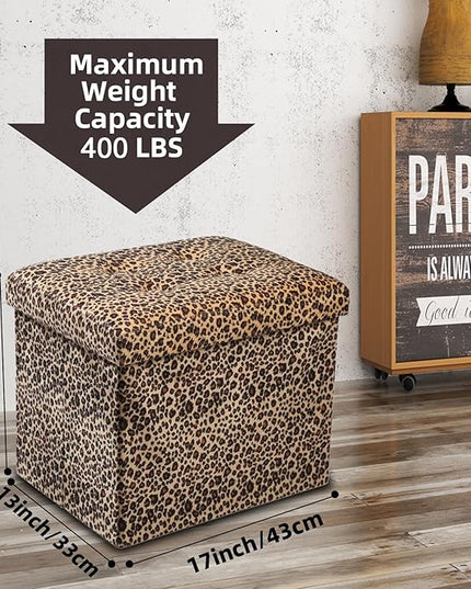 ALASDO Ottoman Storage Ottoman Footrest Stool Small Ottoman with Storage Foldable Ottoman Foot Rest Footstool Bench for Living Room 17x13x13inches Leopard Print