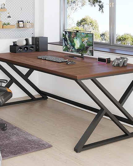LVB Walnut Large Office Desk, Modern Long Wood Metal Computer Desk, Industrial Rustic Double Workstation Desk for Two People, Vintage PC Executive Work Study Writing Computer Table for Home, 78.7 in