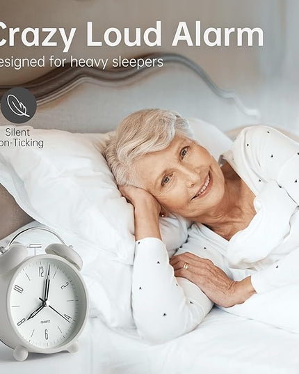 Twin Bell Loud Alarm Analog Alarm Clock, 4 inch Super Silent Non Ticking Small Clock with Night Light, Battery Operated, Simple Design, Old Fashioned, for Heavy Sleeper, Bedroom, Bedside, Desk, White