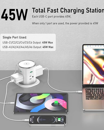 Jgstkcity Pop Up Countertop Outlet Recessed Power Strip with 15W Wireless Charger,45W USB C,3.15 inch Desk Hole,Ideal for Kitchen Island & Conference Table Receptacle (White, 6FT-45W USB Ports)