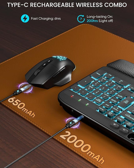 SABLUTE Wireless Keyboard and Mouse Combo - Ergonomic Wave Keyboard with Soft Leather Wrist Rest, Phone Holder, Rechargeable, RGB Backlit Mouse, Full-Size Set for Windows/Mac/Computer (Black)