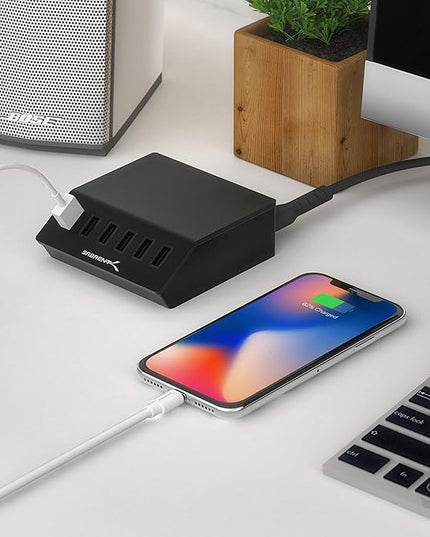 SABRENT Premium 60 Watt (12 Amp) 6 Port Aluminum Family Sized Desktop USB Rapid Charger.[UL Certified ] Smart USB Charger with Auto Detect Technology [Black] (AX-FLCH-B)