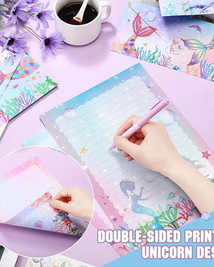 TaoBary 160 Pcs Stationery Paper Set 50 Double Sided Stationery Papers with 50 Matching Envelopes and 60 Round Dot Sticker, 10 Design(Mermaid,8.5 x 11 Inch)