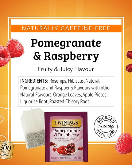 Twinings Pomegranate & Raspberry Herbal Tea Individually Wrapped Bags, 100 Count (Pack of 1), Naturally Caffeine-Free, Enjoy Hot or Iced, 100 Teabags