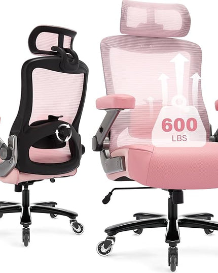 600lbs Big and Tall Office Chair- Heavy Duty Executive Computer Chair with 3D Flip Arms Large Wheels, Ergonomic Mesh High Back Desk Chair, Extra Wide Seat Adjustable Lumbar Support&Headrest