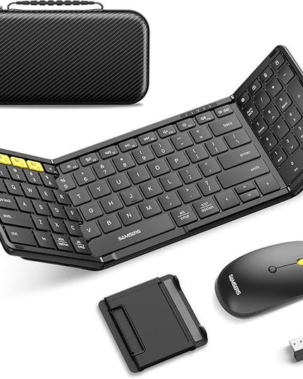 Foldable Keyboard and Mouse, Samsers Folding Bluetooth Keyboard Combo, 2.4G + BT5.0 x 2, Full-Size Portable Travel Keyboard & USB-C Rechargeable Wireless Mouse for iOS Android Windows Mac OS