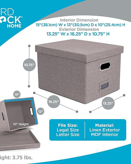 Internet's Best Collapsible File Box Storage Organizer with Lid - Decorative Linen Filing & Storage Office Boxes – Hanging Letter/Legal Folder – Home Office Bins Cabinet – Grey Container - 1 Pack