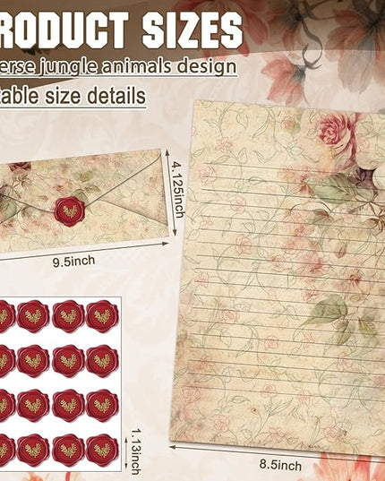 TaoBary 160 Pcs Stationery Paper Set 50 Double Sided Stationery Papers with 50 Matching Envelopes and 60 Round Dot Sticker, 10 Design(Vintage Floral,8.5 x 11 Inch)