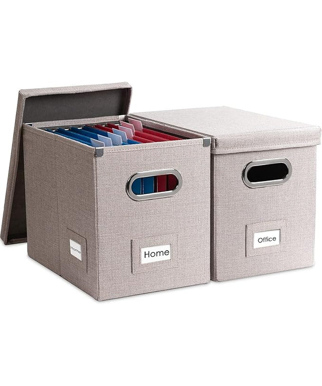 PRANDOM File Organizer Box - Set of 2 Collapsible Decorative Linen Filing Storage Hanging File Folders with Lids Office Cabinet Letter Size Light Grey (14x9.3x10.8 inch)
