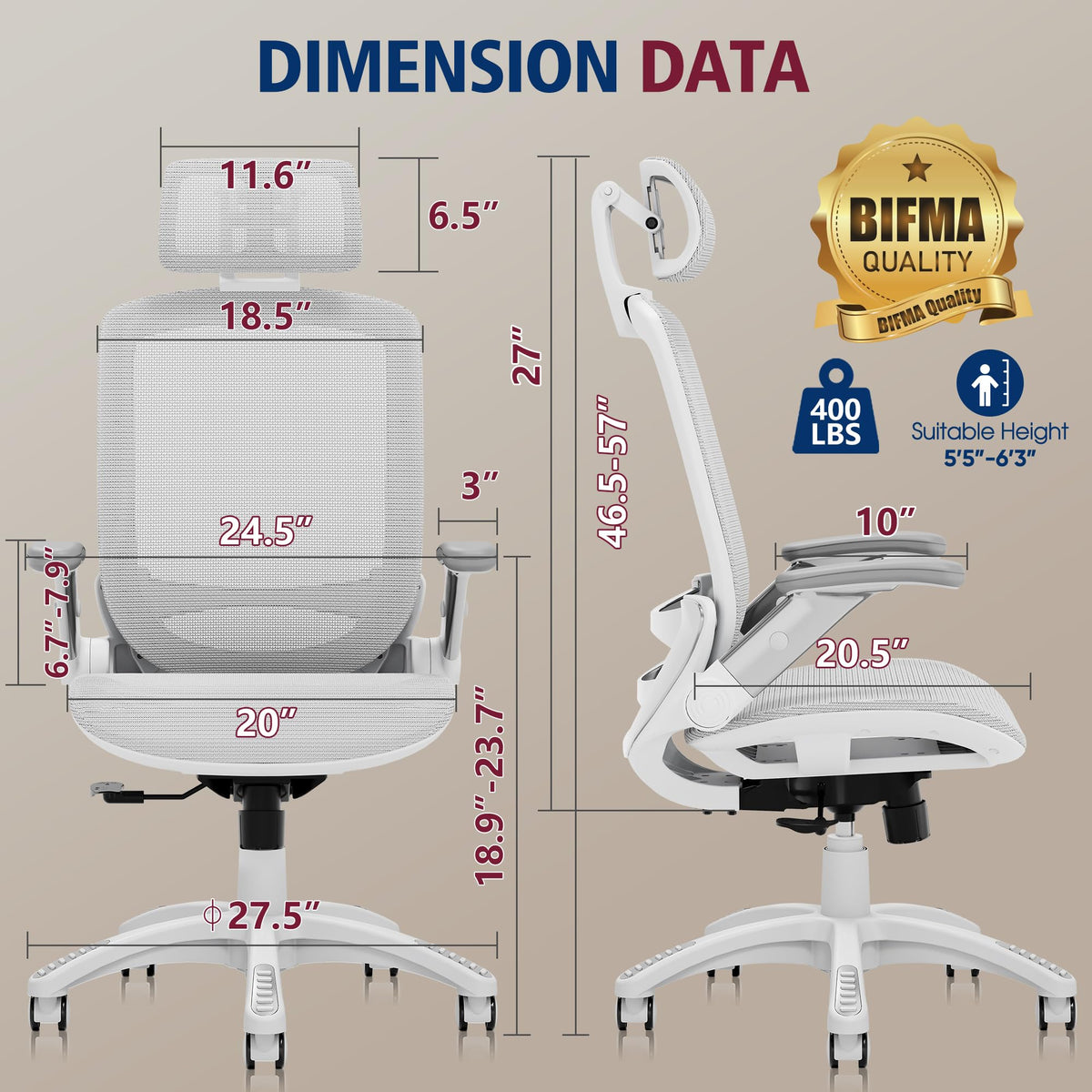 GABRYLLY Ergonomic Office Chair, High Back Home Desk Chair with 2D Flip-Up Arms, 3D Headrest, 90-120° Tilt and Wide Cushion, Big and Tall Mesh Chairs for Man Woman, Computer Task Chair Light Grey