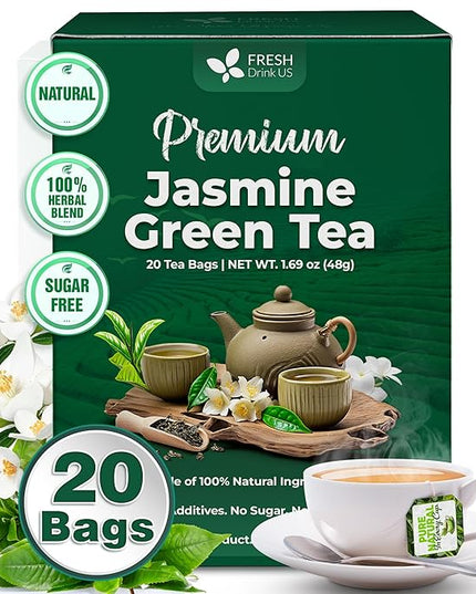 FreshDrinkUS, Premium 20 Tea Bags of Jasmine Green Tea, 100% Natural. Exquisite Flavor, Handpicked Leaves, Perfect for Tea Lovers. No Sugar, No Gluten, Vegan.