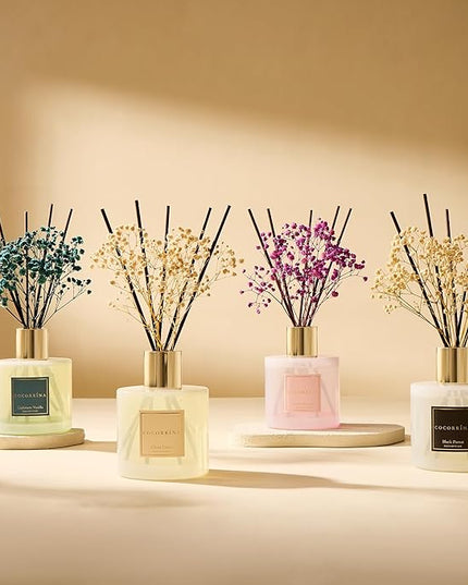 COCORRÍNA Reed Diffuser - Cashmere Vanilla 17 Fl.oz Reed Diffuser with 8 Sticks Scented Diffuser with Preserved Flowers for Bathroom Home Decor