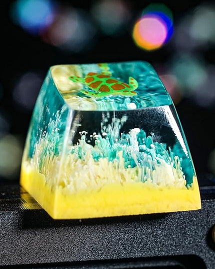 Sea Turtle Artisan Keycap Light Yellow Green Coral R1 SA Profile Custom Sea Creatures Keycaps 1U ESC Handmade Gaming Resin Key Cap Cherry MX Switch Compatible Mechanical Keyboard Turtle Lover Gift