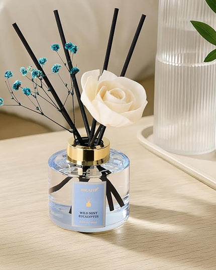 Airkeep Flower Reed Diffusers Set, 5.07 oz Wild Mint&Eucalyptus Scented Oil Diffuser with 8 Reed Sticks, Home Fragrance Diffuser Gift Set for Bathroom & Office Decor 150ml