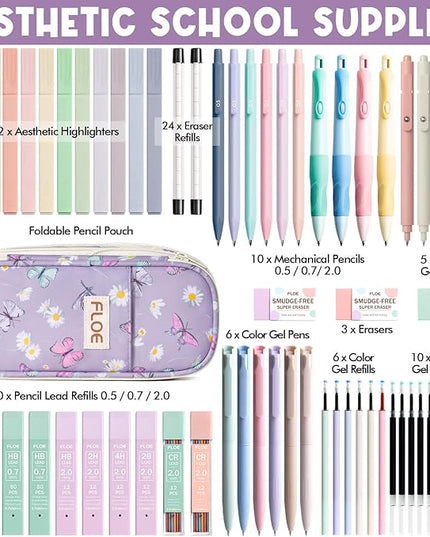 65PCS Aesthetic School Supplies with Cute Pencil Case, Pastel Highlighters Gel Pens Mechanical Pencils Set 0.5 0.7 & 2.0mm, Office Back to School Supplies College Essentials Kit Student Stationary Set