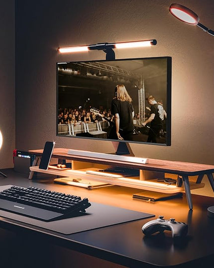 Fenge Dual Monitor Stand, 2 Tiers Acrylic Monitor Riser with LED Lights, 42.5 Inch Wood and Aluminum Desk Shelf with Phone and Tablet Holder