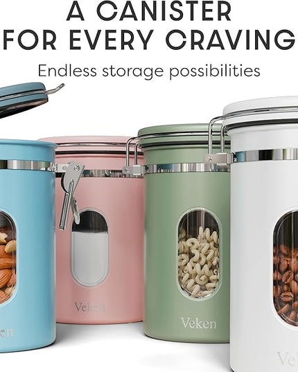 Veken Coffee Canister with Window, Airtight Stainless Steel Kitchen Food Storage Container with Lids, Date Tracker and Scoop for Grounds Coffee, Beans, Tea, Flour, Cereal, Sugar Jars, 22OZ, White