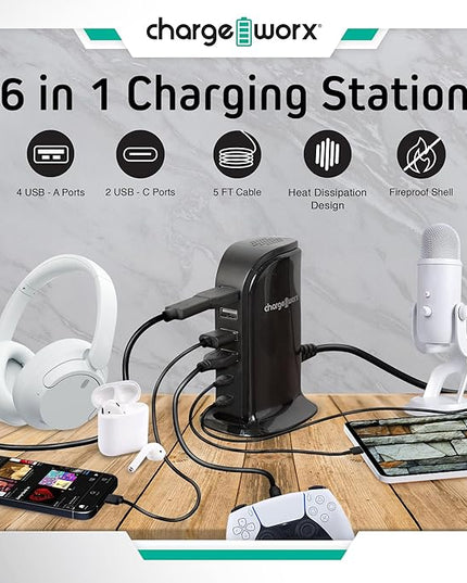 ChargeWorx Multi-Port Charger with 4 USB-A and 2 USB-C Ports, Fast Tower Charging Station, 40-Watt Output, Includes Surge Protector, Fire-Resistant Design, Compatible with iPhone and Android Devices