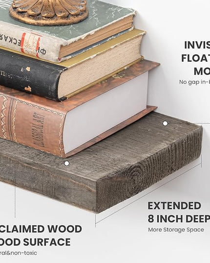 72 inch Floating Shelves for Wall, 8" Deep Rustic Reclaimed Barnwood Shelves, Floating Shelf Wall Hanging Shelves with Invisible Heavy-Duty Metal Bracket | Wall Mounted | Farmhouse Style, 1PC,Grey